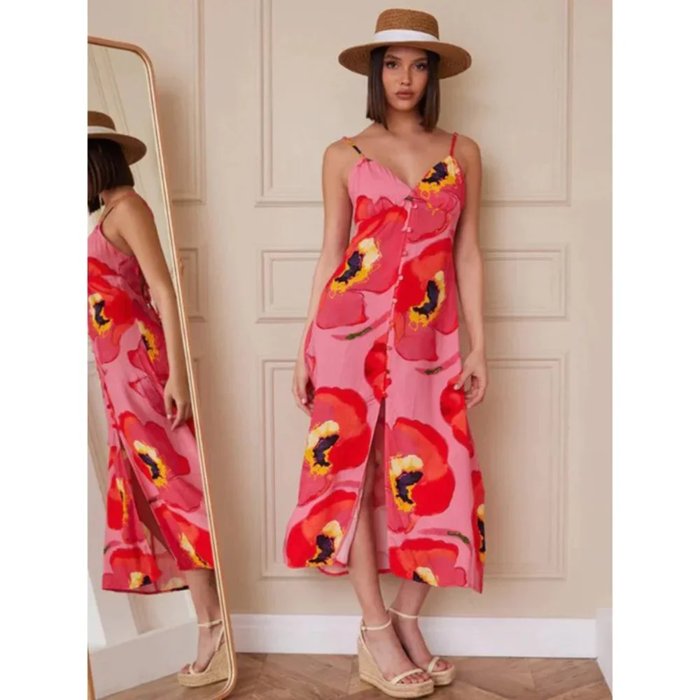 1 left! Sleeveless Button Up V-neck Open Back Printed Midi Dress - Picture 1 of 4